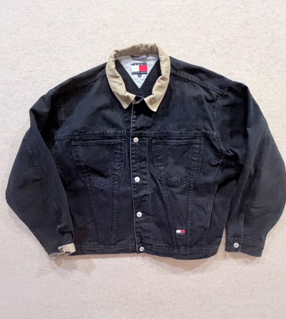 Tommy Hilfiger Black Denim Jacket Tan Collar Cuffs Sz Large Mens Vtg Trucker 90s